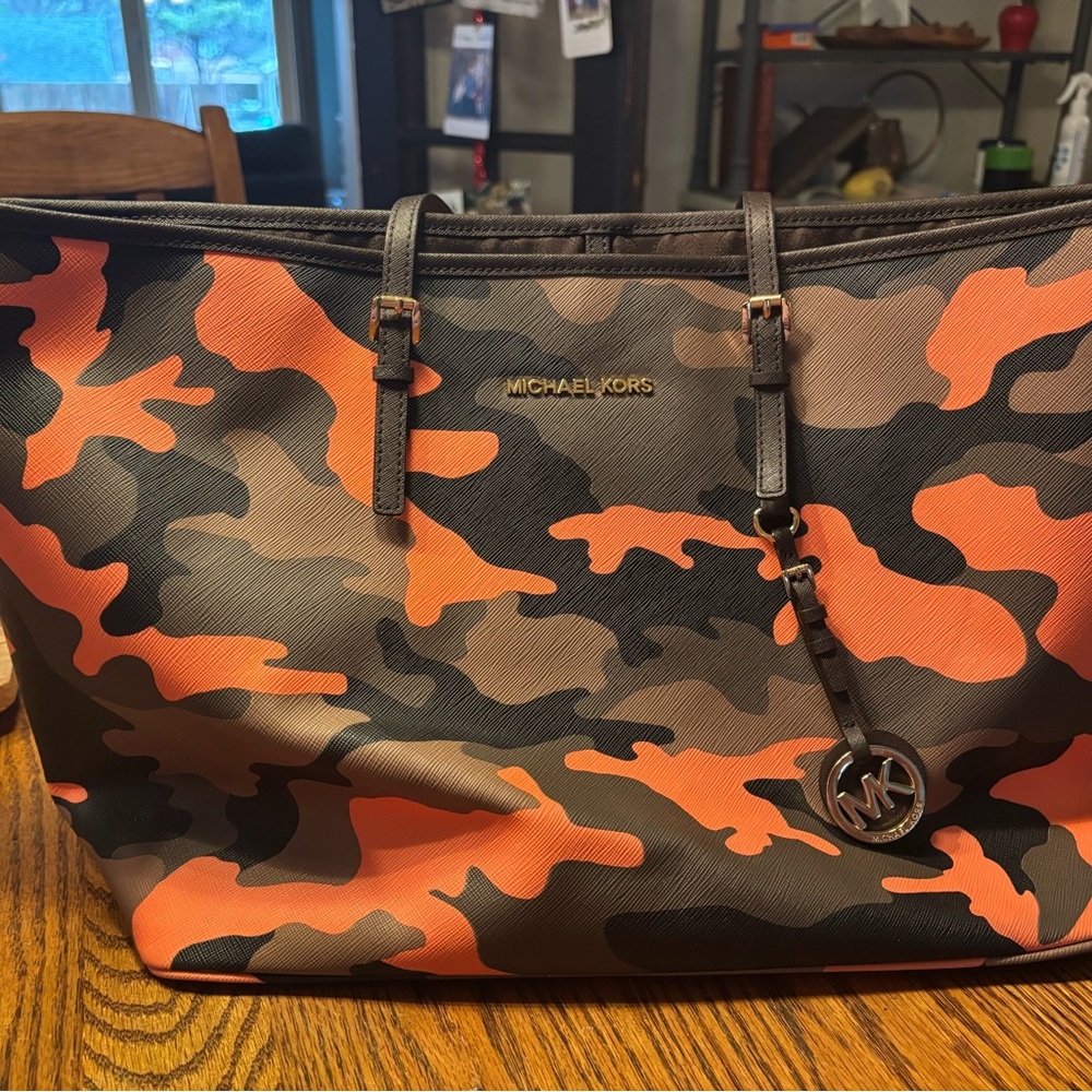 Michael Kors Orange and Brown Camo Tote with MK Charm